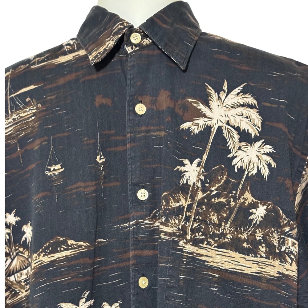 Nautica Button Down Shirt Mens M Black Tropical Palm Tree Print Excellent